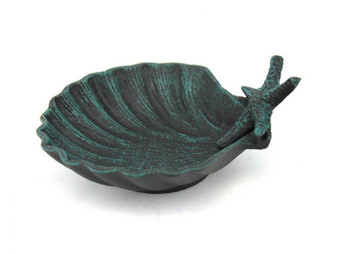 Seaworn Blue Cast Iron Shell With Starfish Decorative Bowl 6" K-019-seaworn
