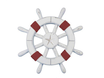 Rustic White Decorative Ship Wheel With Red Rope And Starfish 12" SW-12-102-starfish