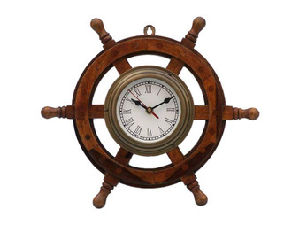 Deluxe Class Wood And Antique Brass Ship Steering Wheel Clock 12" SW-1719-AN