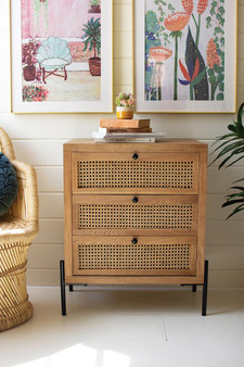 Wood Bedside Table With Three Woven Cane Drawers (CHH1390)