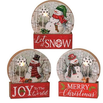 Snowman Christmas Snow Globe Block W/Led Light 3 Asstd. (Pack Of 3) GSUN2624