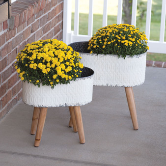 Set Of Two Embossed Metal Planters With Wood Legs 530544