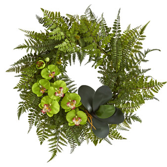 23" Mixed Greens And Phalaenopsis Orchid Artificial Wreath - Green (4414-GR)