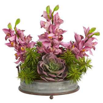 18" Cymbidium Orchid And Echeveria Succulent Artificial Arrangement In Metal Tray With Copper Trimming (A1395)