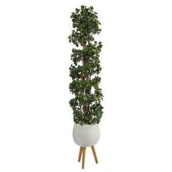 5.5' English Ivy Topiary Spiral Artificial Tree In White Planter With Stand UV Resistant (Indoor/Outdoor) (T2172)