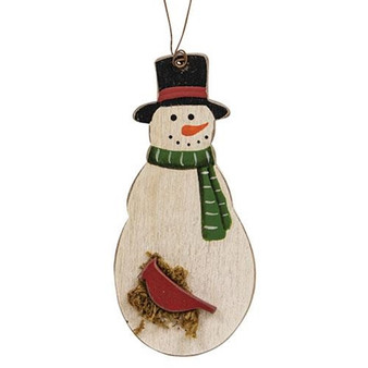 Snowman w/Cardinal & Tophat Wooden Ornament G35699