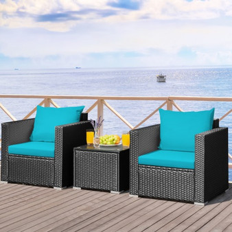 3 Pieces Patio Wicker Furniture Set With Cushion-Turquoise (HW66529ATU+)