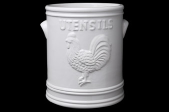 Ceramic Round Utensil Jar With Embossed Rooster Design, Side Handles And Banded Bottom Coated Finish White (Pack Of 4) 10910
