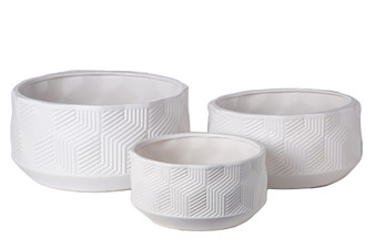 Ceramic Round Pot With Stripe On Hexagon Pattern Design Body Set Of Three Matte Finish White 11077