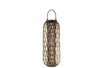Bamboo Round 39.25" Lantern With Braided Rope Lip And Handle, Lattice Design Body And Hurricane Candle Holder Natural Finish Brown (Pack Of 2) 16564