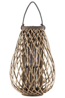 Bamboo Round Bellied Lantern With Braided Rope Lip And Handle, Hurricane Candle Holder And Lattice Design Body Xl Natural Finish Brown (Pack Of 2) 16565
