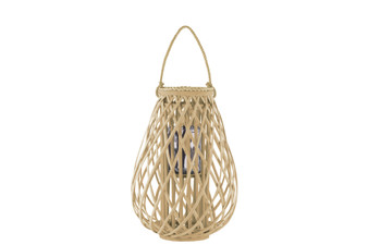 Bamboo Round Bellied Lantern With Braided Rope Lip And Handle, Hurricane Candle Holder And Lattice Design Body Lg Natural Finish Tan (Pack Of 4) 16589