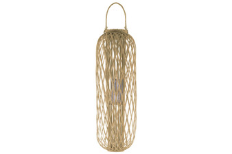 Bamboo Round Lantern With Braided Rope Lip And Handle, Lattice Design Body And Hurricane Candle Holder Natural Finish Tan 16591