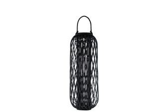 Bamboo Tall Round Lantern With Braided Rope Lip And Handle, Lattice Design Body And Hurricane Candle Holder Coated Finish Black (Pack Of 2) 16613