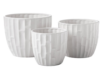 Ceramic Round Pot With Embossed Brick Edges Pattern Design Body And Tapered Bottom Set Of Three Matte Finish White 18805