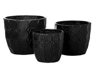Ceramic Round Pot With Embossed Circular Pattern Design Body And Tapered Bottom Set Of Three Matte Finish Black 18810