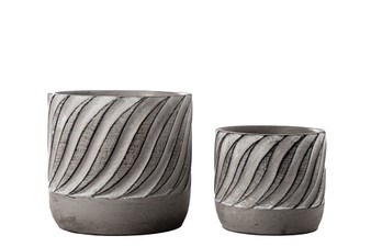 Cement Round Pot With Embossed Wave Pattern And Dark Edges Design Body Set Of Two Concrete Finish Gray 19303