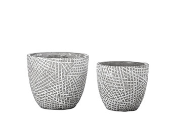 Cement Round Pot With Lattice Abstract Design Body Set Of Two Washed Concrete Finish Gray 24509