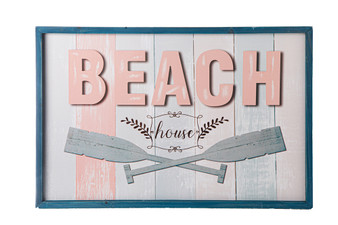 Wood Rectangle Wall Decor With Blue Frame "Beach" Writing Rough Finish Polychromatic (Pack Of 4) 26833