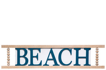 Wood Rectangle Wall Decor With Embossed "Beach" Writing In Blue And Side Beads Design Painted Finish White (Pack Of 4) 31114