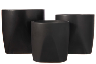 Ceramic Round Pot With Corner Tapered Bottom Design Set Of Three Matte Finish Black 35809