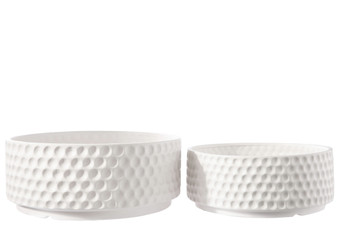 Ceramic Round Bowl With Engraved Dotted Pattern Design Body On Base Set Of Two Matte Finish White 43182