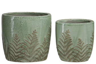 Terracotta Round Pot With Fern Leaf Design Body Set Of Two Shiny Finish Green 44004