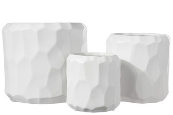 Ceramic Cylindrical Pot With Wide Mouth And Embossed Irregular Patterns Design Body Set Of Three Matte Finish White 45941