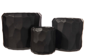 Ceramic Cylindrical Pot With Wide Mouth And Embossed Irregular Patterns Design Body Set Of Three Matte Finish Black 45946