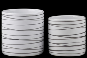 Ceramic Round Pot Planters With Horizontal Dark Gray Lines Design Set Of Two Gloss Finish White 50315