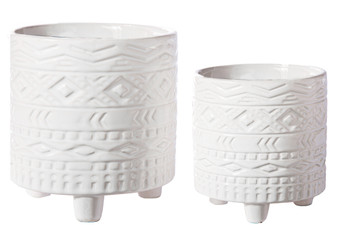 Ceramic Round Pot With Tribal Pattern Design Body On Tirpod Stand Set Of Two Gloss Finish White 51412