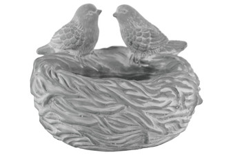 Cement Round Bowl With Bird Figurine And Nest Design Body Washed Concrete Finish Gray (Pack Of 4) 53607