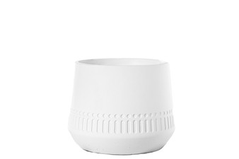 Cement Round Pot With Debossed Banded Tribal And Tapered Bottom Design Lg Painted Concrete Finish White (Pack Of 6) 53620