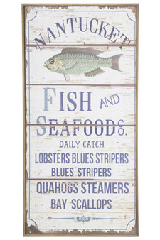 Wood Rectangle Wall Art With Printed "Mantucket Fish And Seafoods" Design Distressed Finish Beige (Pack Of 4) 57914