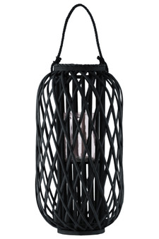 Bamboo Round 23.50" Lantern With Braided Rope Lip And Handle, Lattice Design Body And Hurricane Candle Holder Coated Finish Black (Pack Of 2) 16561