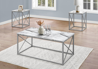 3-Piece Table Set - White Marble & Silver Metal (I 7953P)