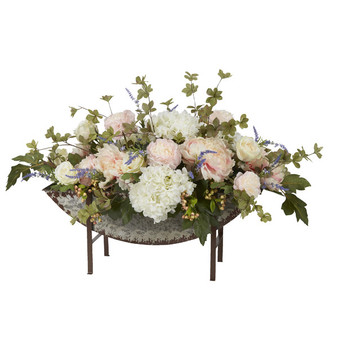 Peonies And Hydrangeas With Foliage In Half Moon Shape Metal Planter With Stand (201001)
