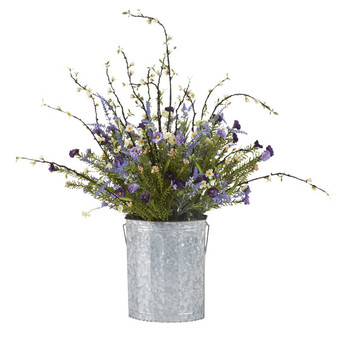 Purple Wildflowers And Lavender In Oval Metal Bucket (201003)