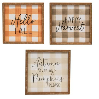 *Fall Gingham Wood Sign 3 Asstd. (Pack Of 3) G65268 By CWI Gifts