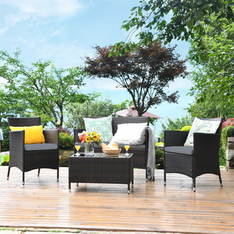 4-Piece Rattan Outdoor Patio Conversation Furniture Set With Glass Table And Comfortable Wicker Sectional Sofa (HW67772GR)