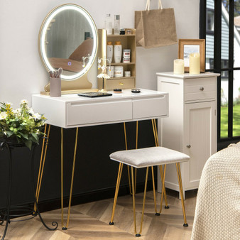 Vanity Table Set With Lighted Mirror And Cushion Stool-White (HU10048US-WH)