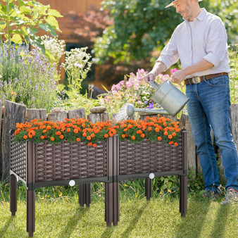 2 Set Elevated Plastic Raised Garden Bed Planter Kit For Flower Vegetable Grow-Brown (GT3742BN)