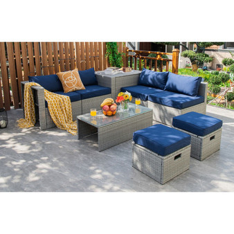 8 Pieces Patio Rattan Furniture Set With Storage Waterproof Cover And Cushion-Navy (HW68604NY+)