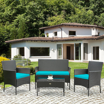 4-Piece Patio Rattan Cushioned Sofa Furniture Set With Tempered Glass Coffee Table-Turquoise (LiveHW65357TU)