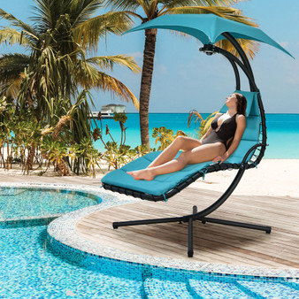 Hanging Curved Steel Swing Chaise Lounger With Removable Canopy And Overhead Light-Turquoise (NP10372GN)