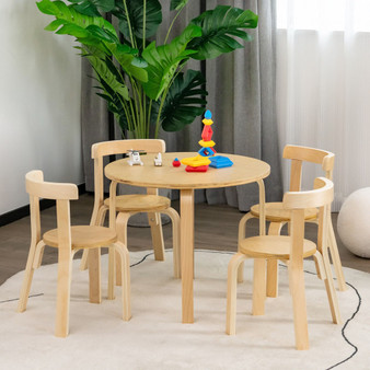 5-Piece Kids Wooden Curved Back Activity Table And Chair Set With Toy Bricks-Natural (HY10044NA)