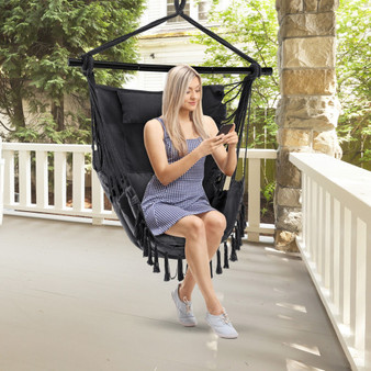 Hanging Rope Swing Chair With Soft Pillow And Cushions-Gray (NP10556GR)