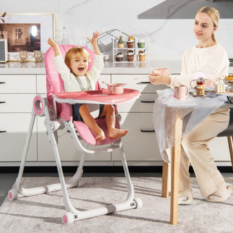 Baby High Chair Foldable Feeding Chair With 4 Lockable Wheels-Pink (AD10011PI)
