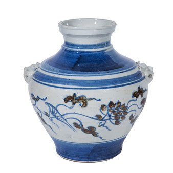 Blue Striped Lotus Lion Handle Jar - M (1542B)