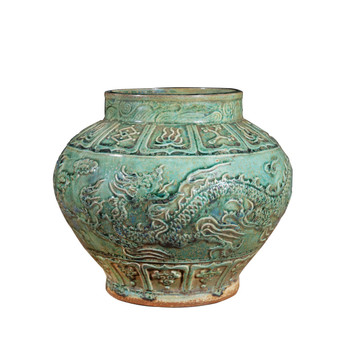 Speckled Green Carved Dragon Open Top Jar (1614D)